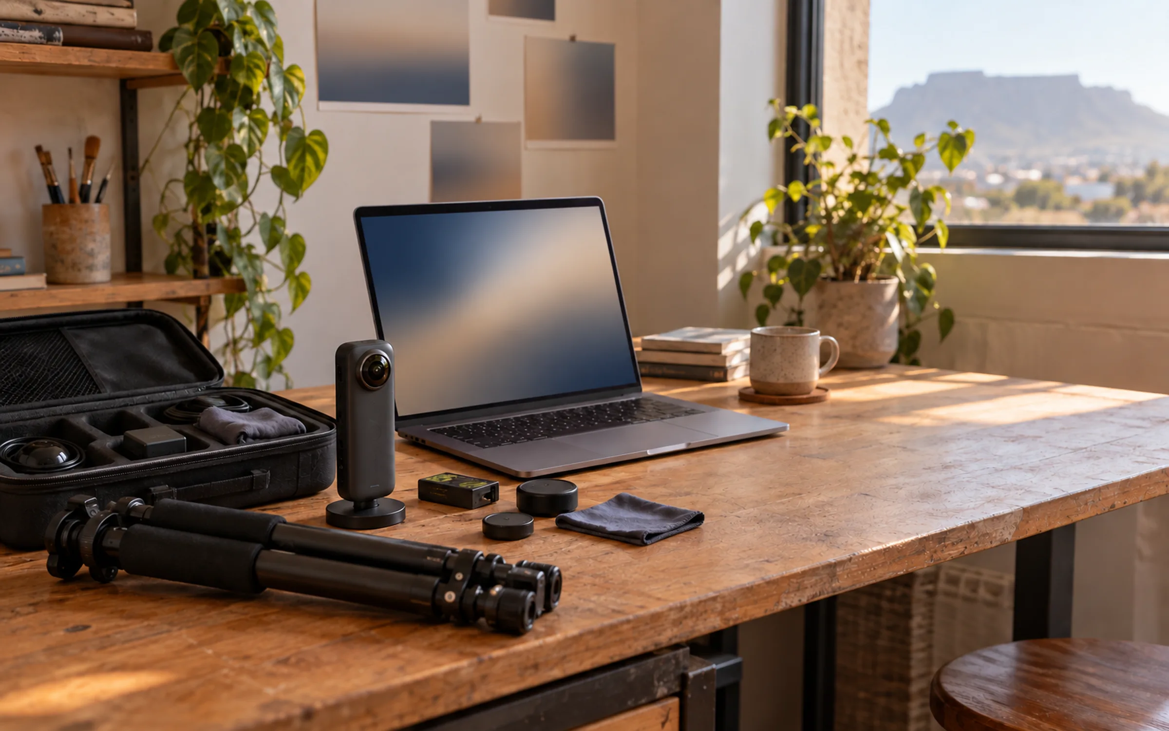 A specialist's workbench with a 360 camera, tripod, laptop and packed gear case