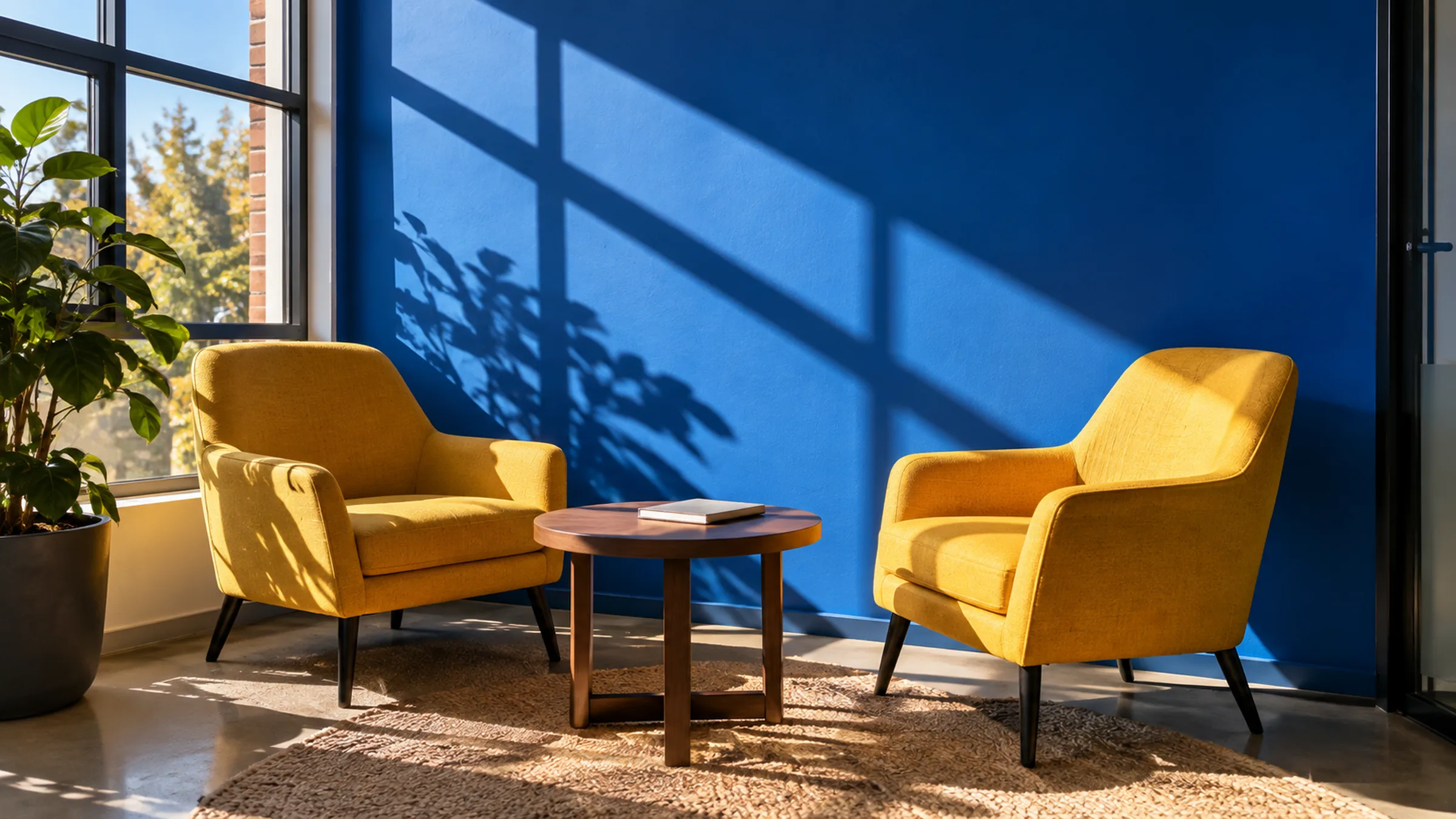 Two yellow chairs and a small table against a sunlit blue office wall