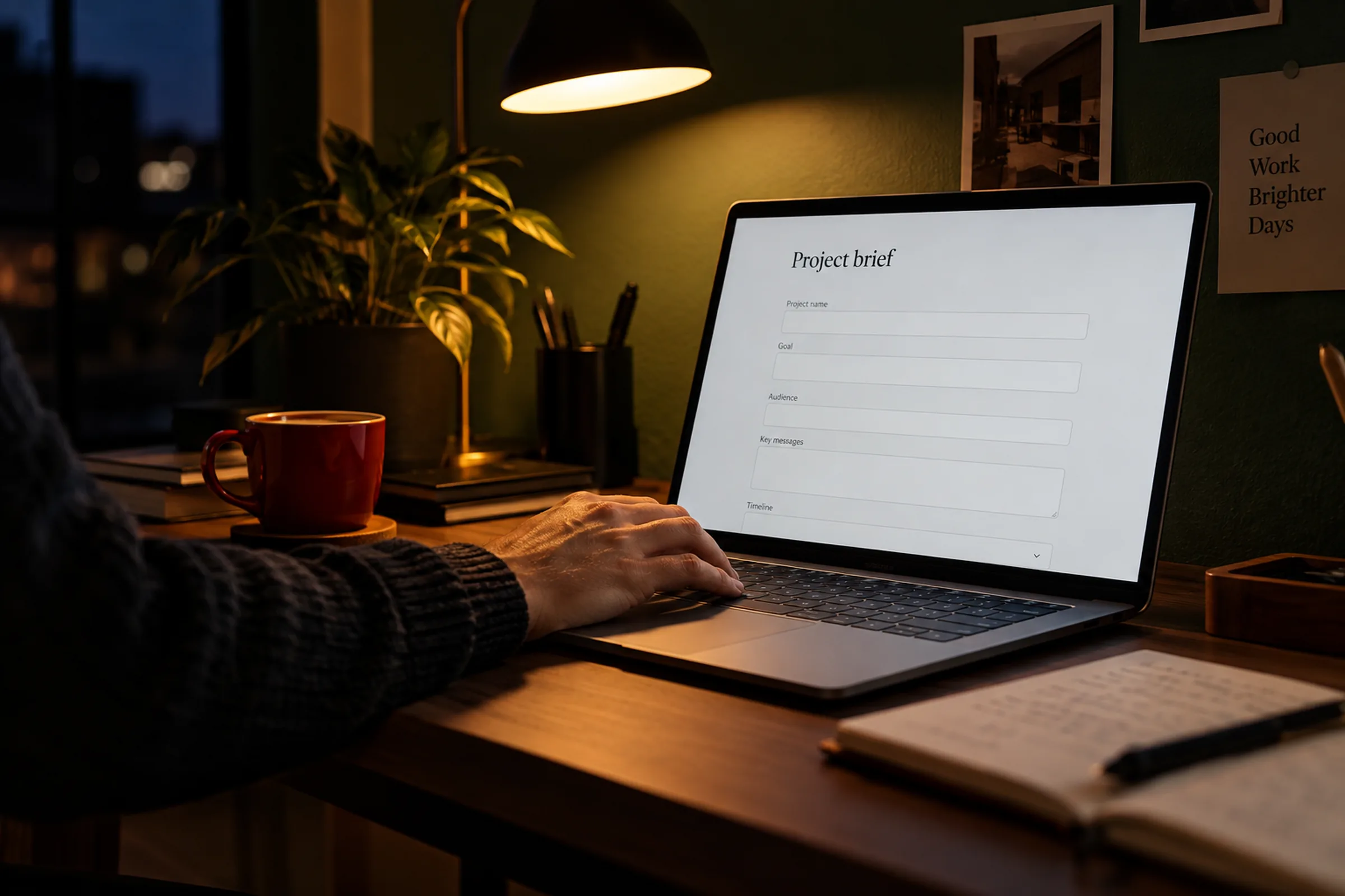 A hand typing a project brief on a laptop beside tea under a desk lamp