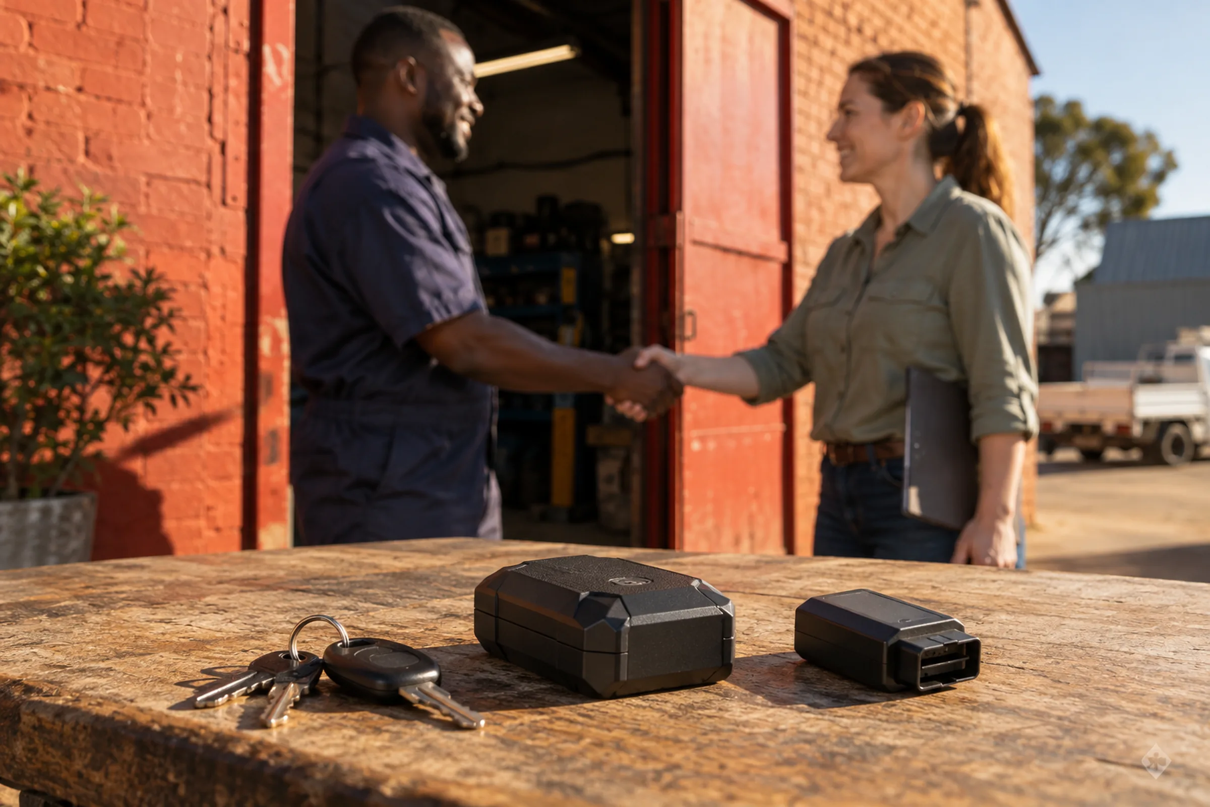 Keys and devices on a table with two people shaking hands behind them