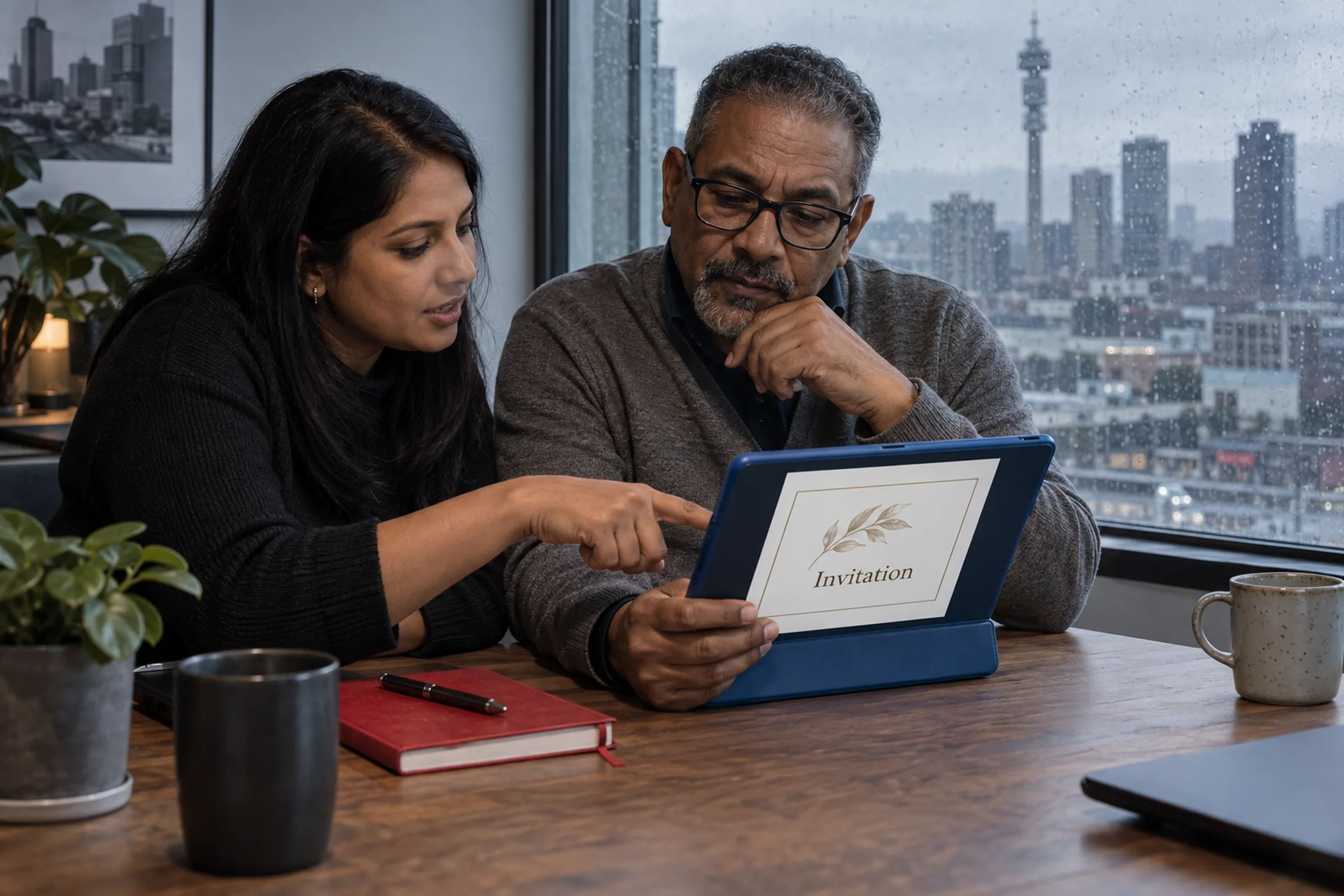 Two specialists reviewing an invitation on a tablet beside a city window
