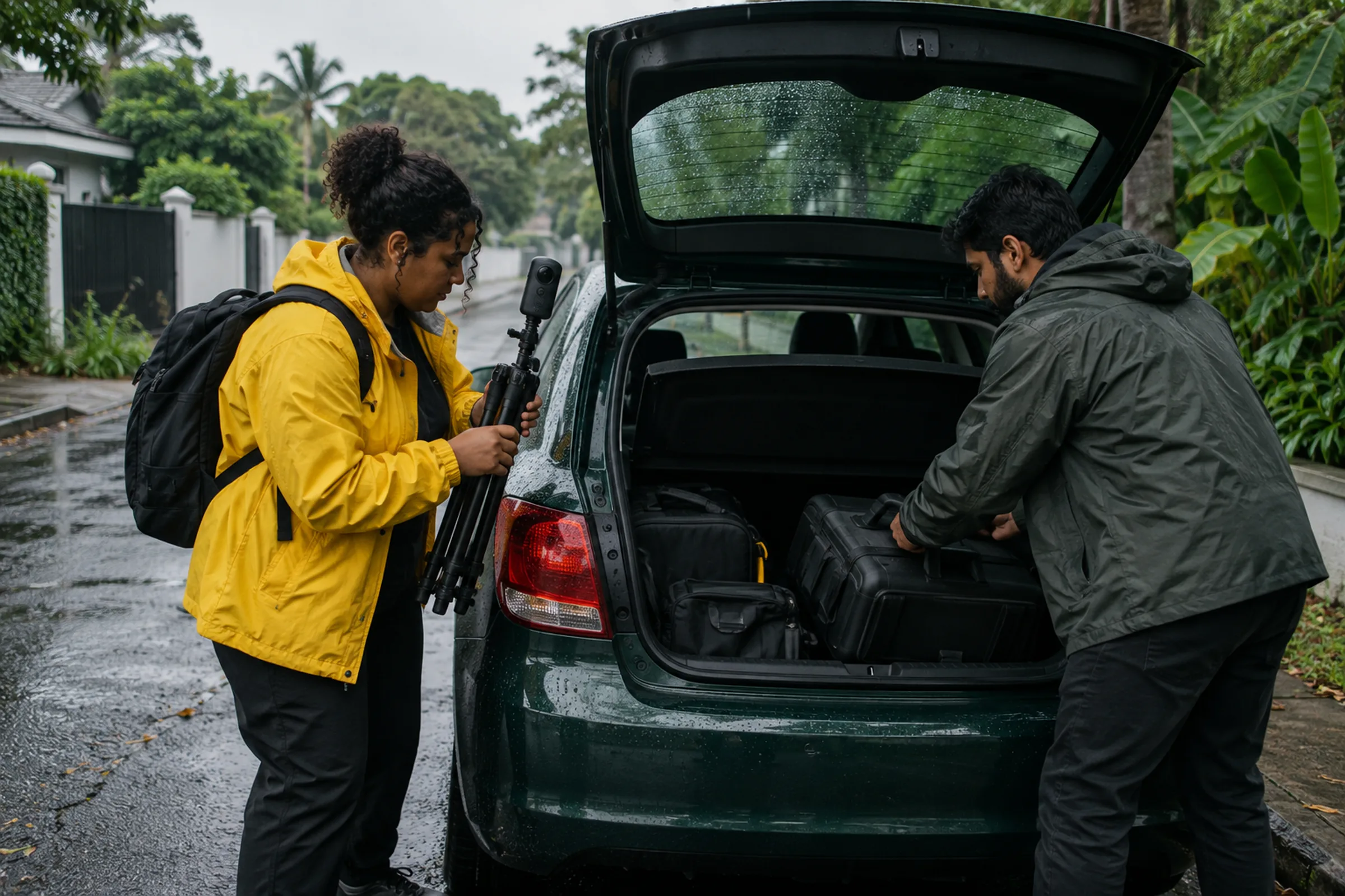 Two capture-crew members loading equipment into a hatchback after rain