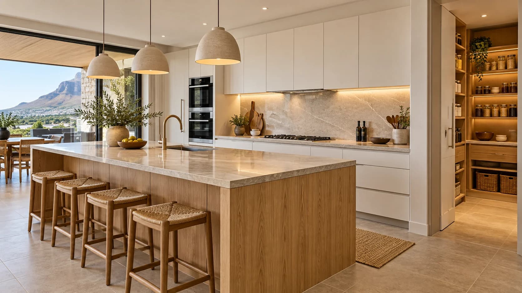 Illustration: A fitted kitchen with an oak island, integrated appliances and stone worktops.