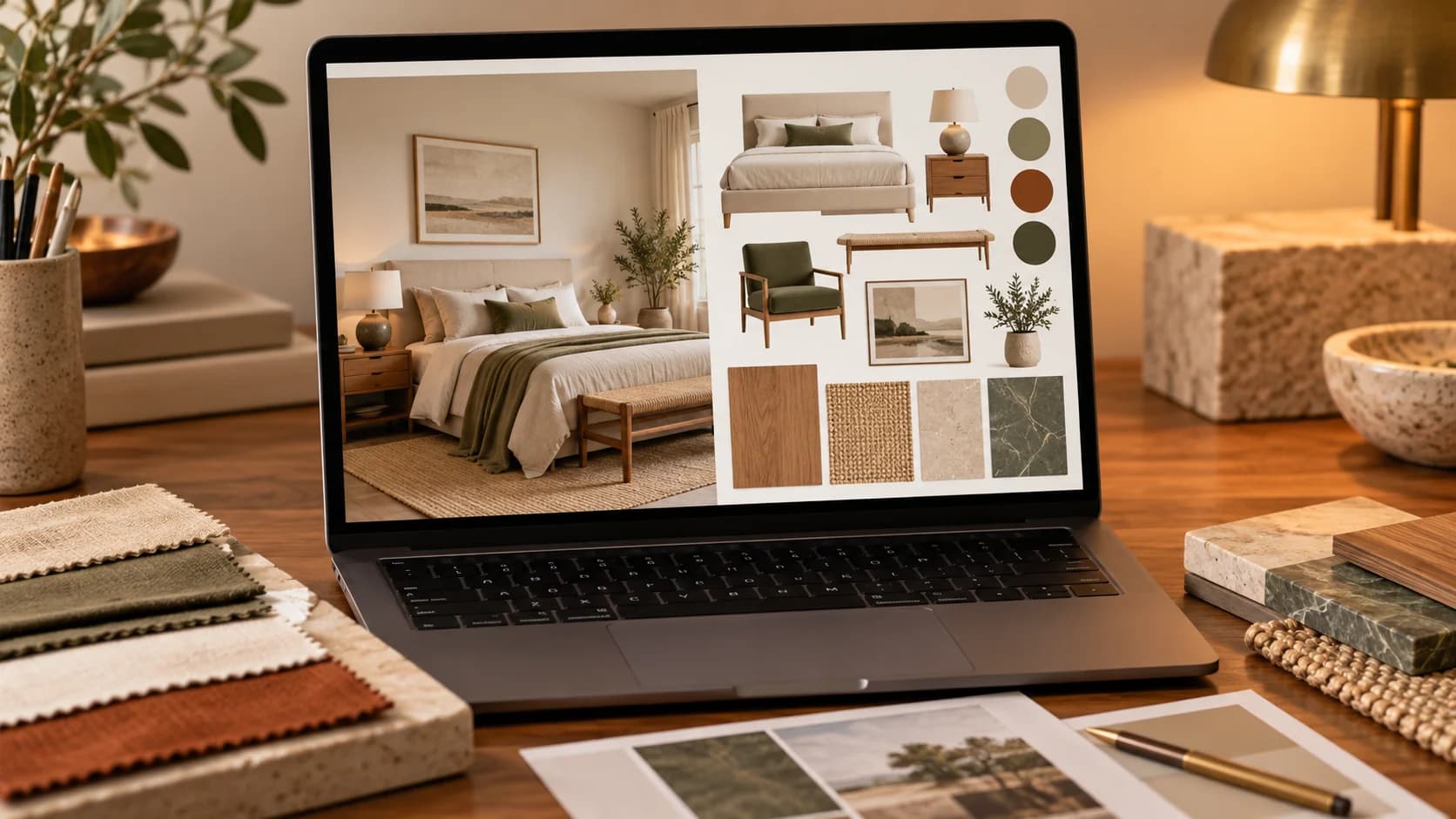 Illustration: A laptop displaying a bedroom concept with furniture selections, colours and physical swatches.