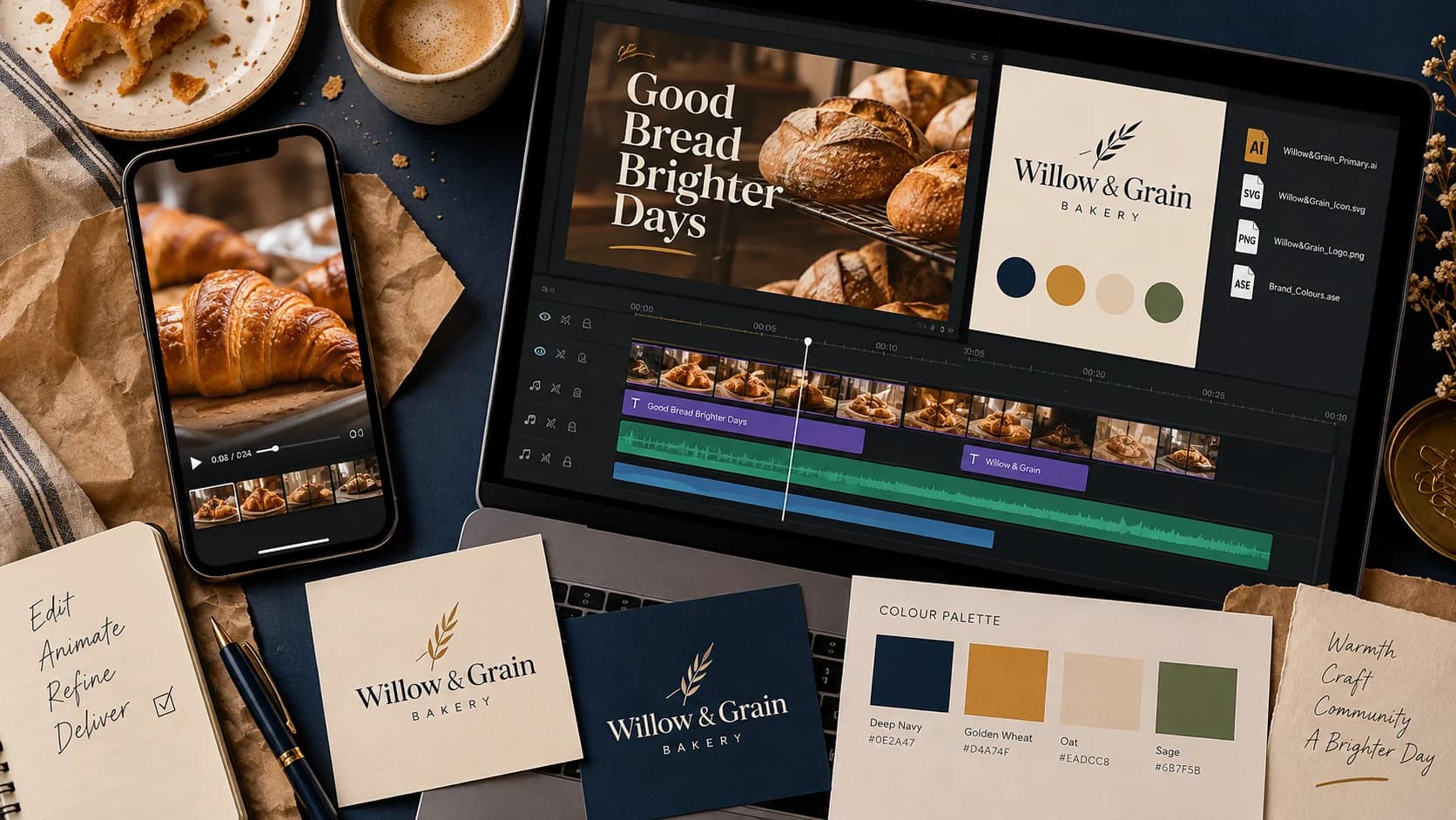 Illustration: A phone with bakery footage beside a laptop showing branded video editing and a timeline.