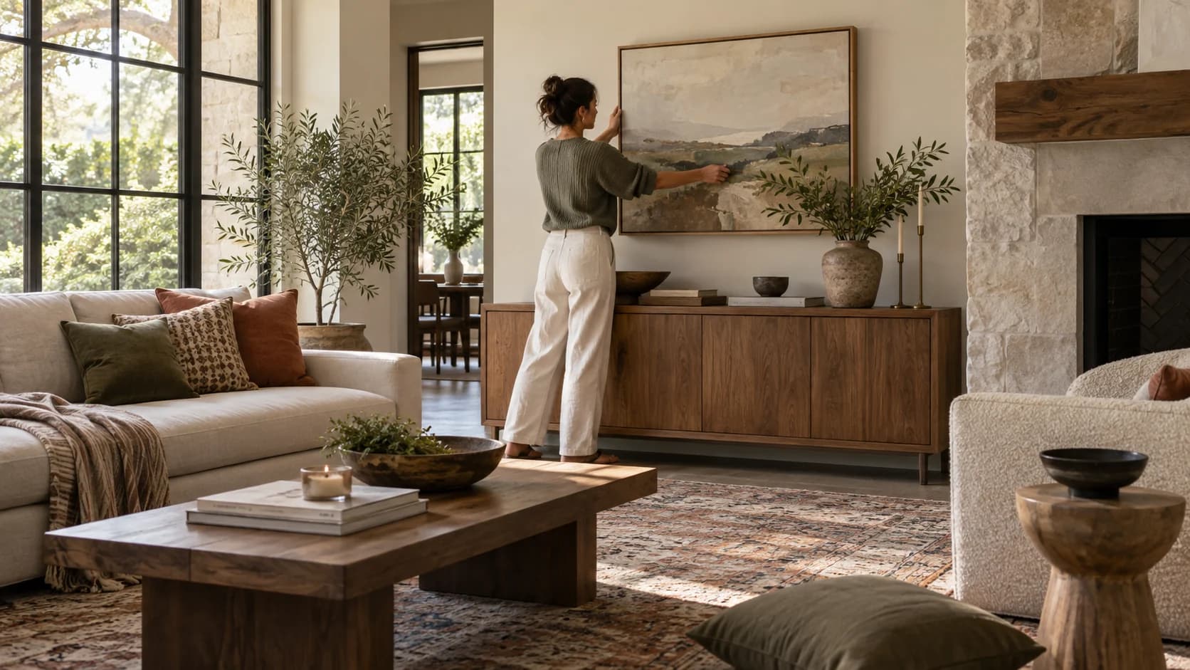 Illustration: An interior stylist positioning artwork in a living room with cushions, rugs and ceramics.