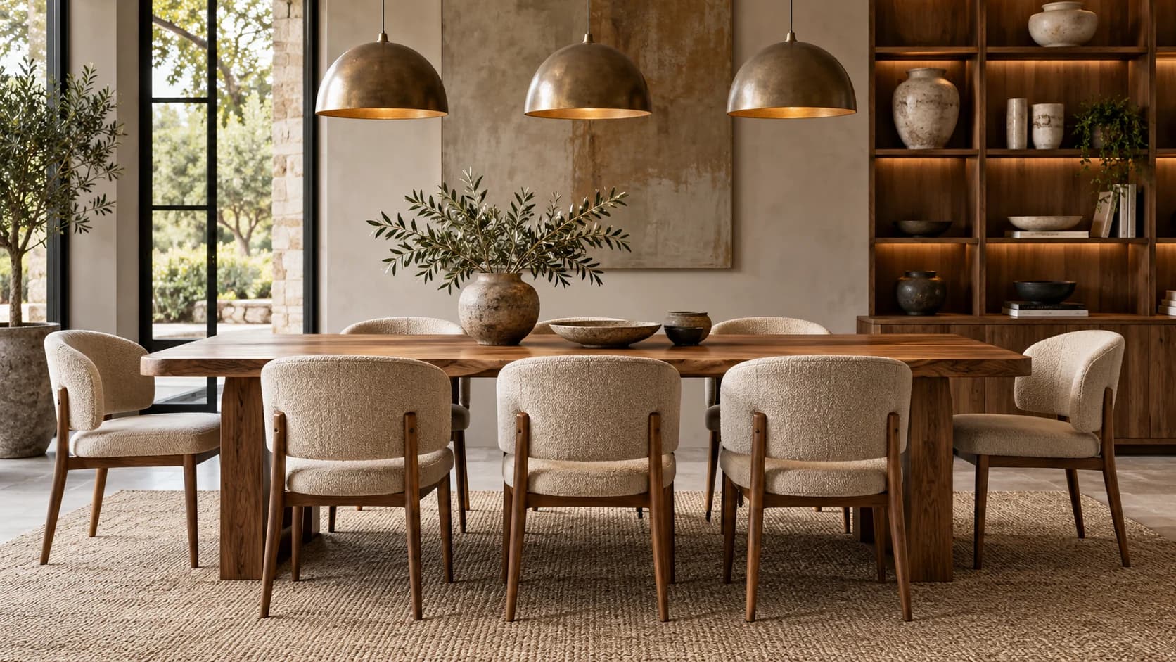 Illustration: A coordinated dining table, upholstered chairs, pendant lights and ceramics in a showroom.