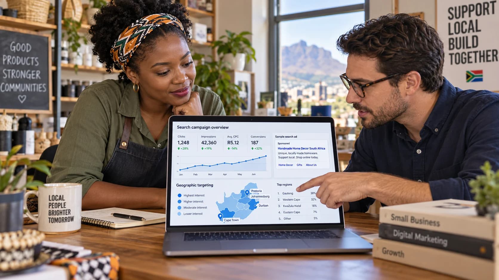 Illustration: A business owner and campaign specialist reviewing search ads and geographic targeting on a laptop.