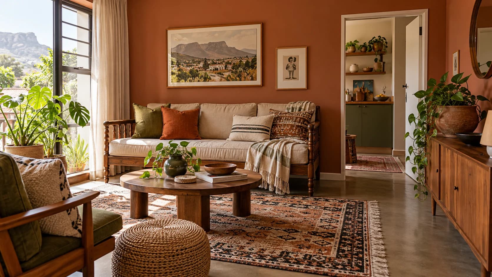 Illustration: A refreshed living room with a timber sofa, linen cushions, rug, plants and warm walls.