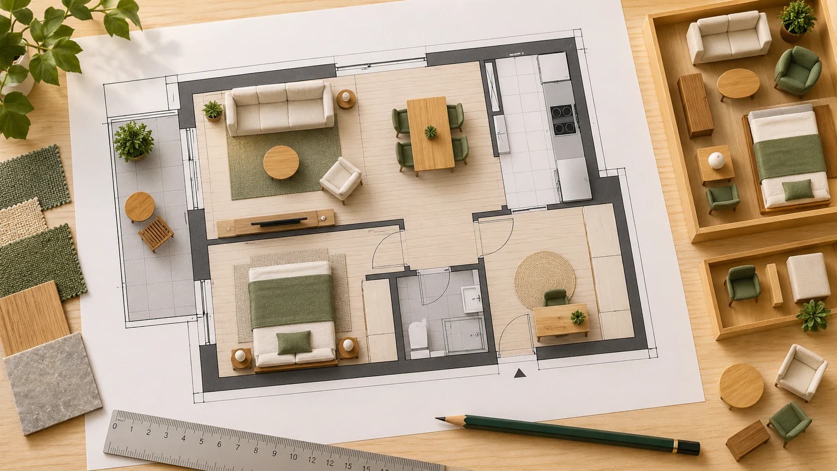 Illustration: An apartment floor plan with miniature furniture pieces, a ruler and pencil.
