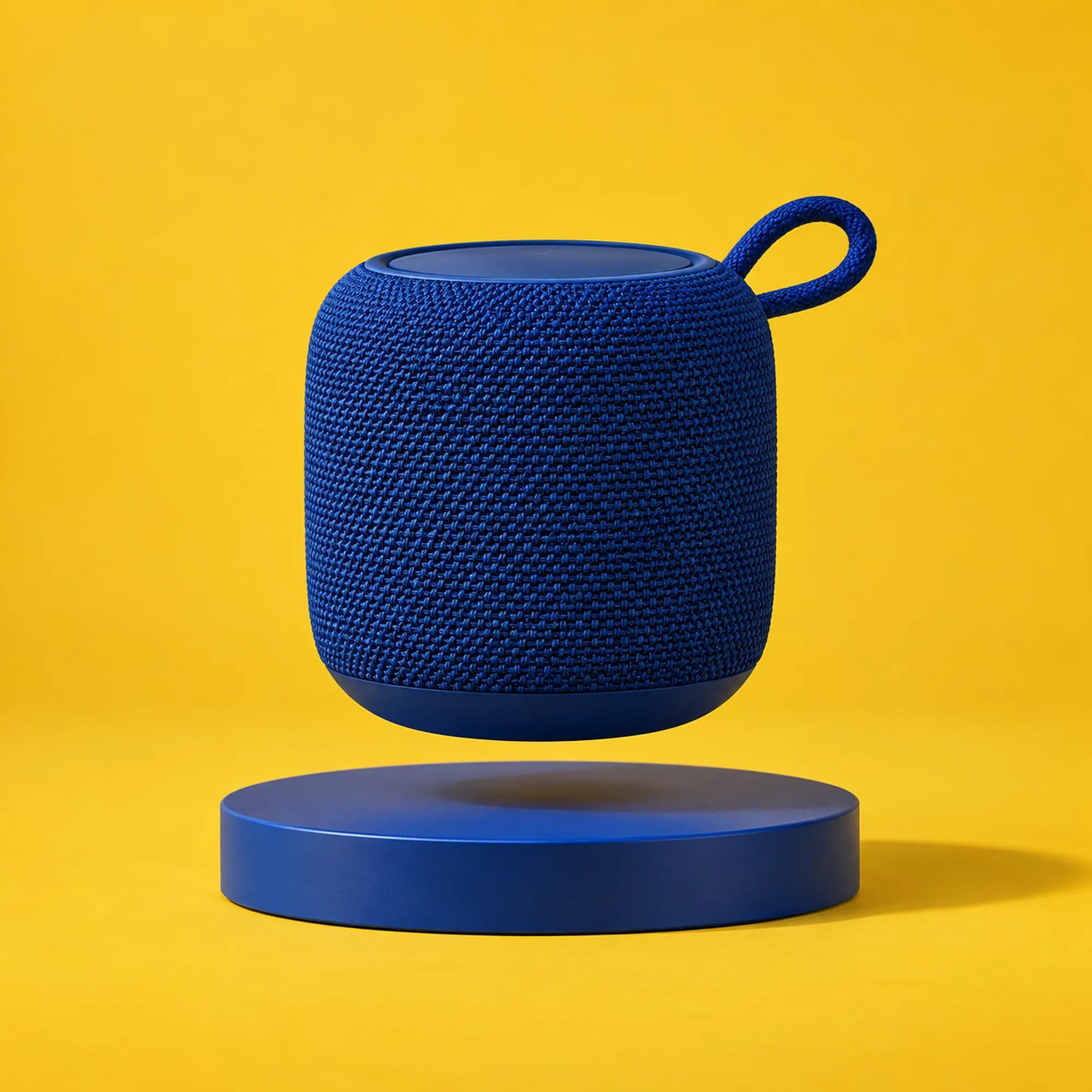A blue fabric speaker floating above a circular disc on a mustard backdrop