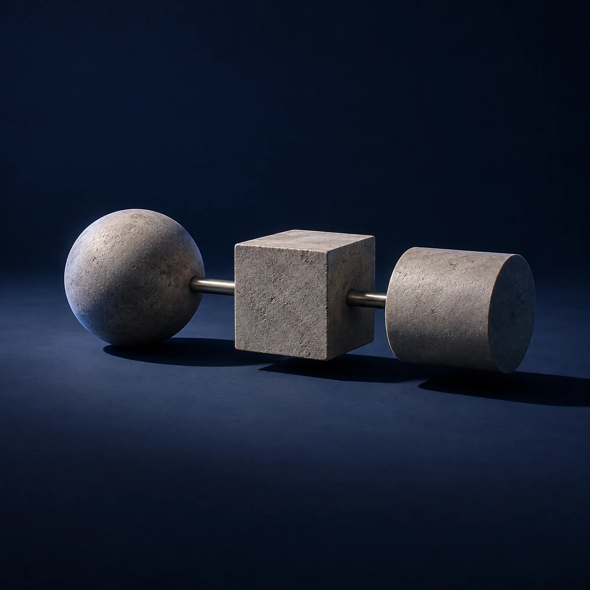 A sphere, cube and cylinder joined by a slim rod
