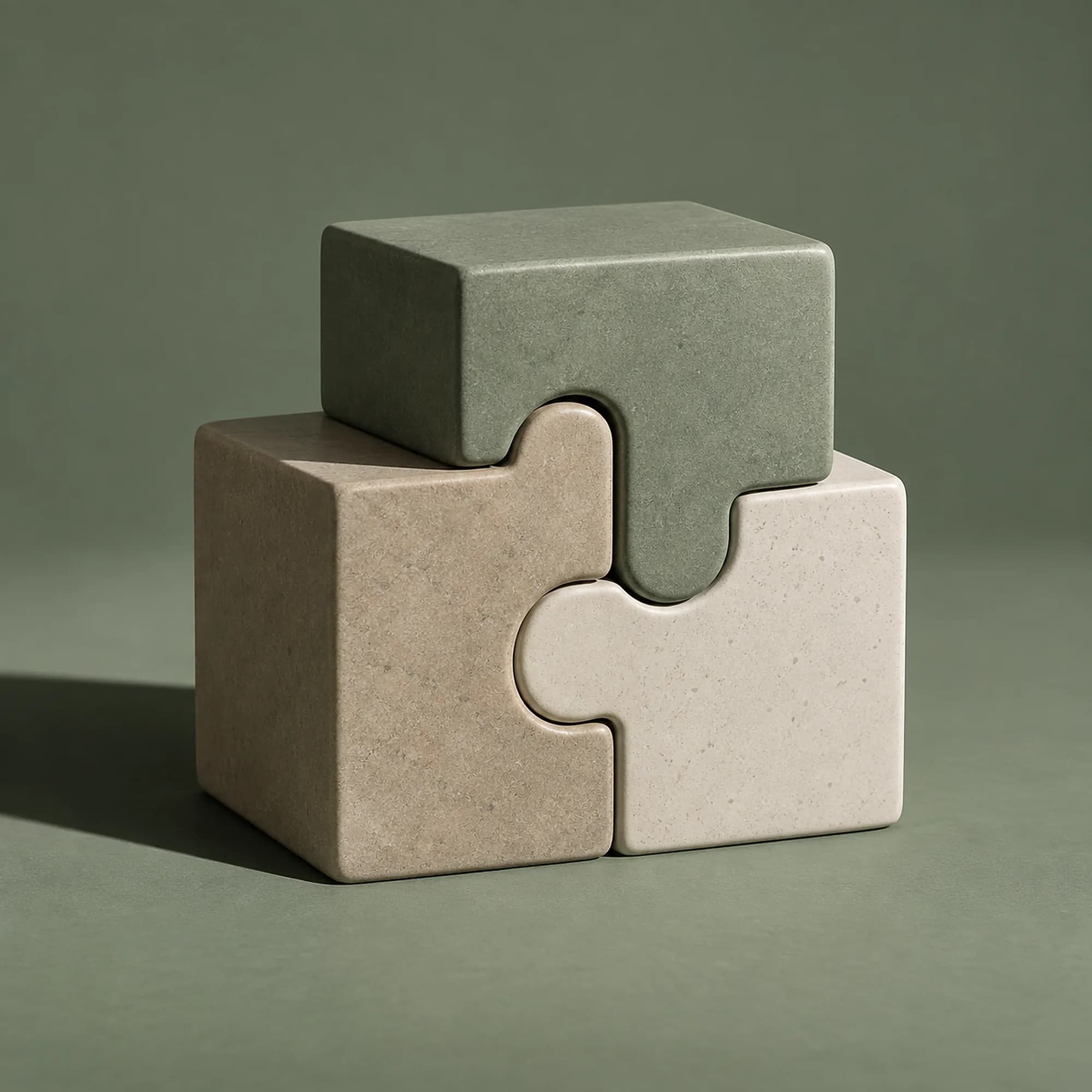 Interlocking blocks in green and stone colours