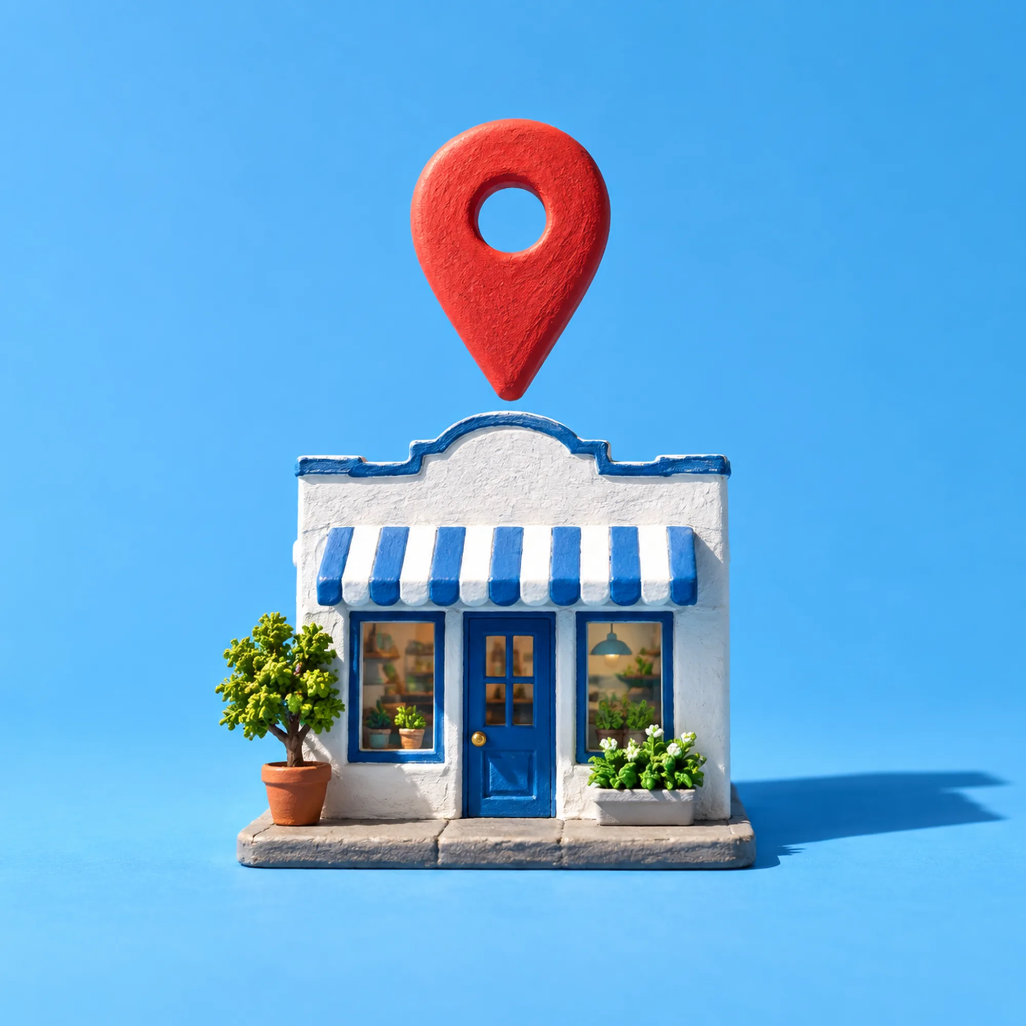 A clay shopfront and red map pin against a blue backdrop