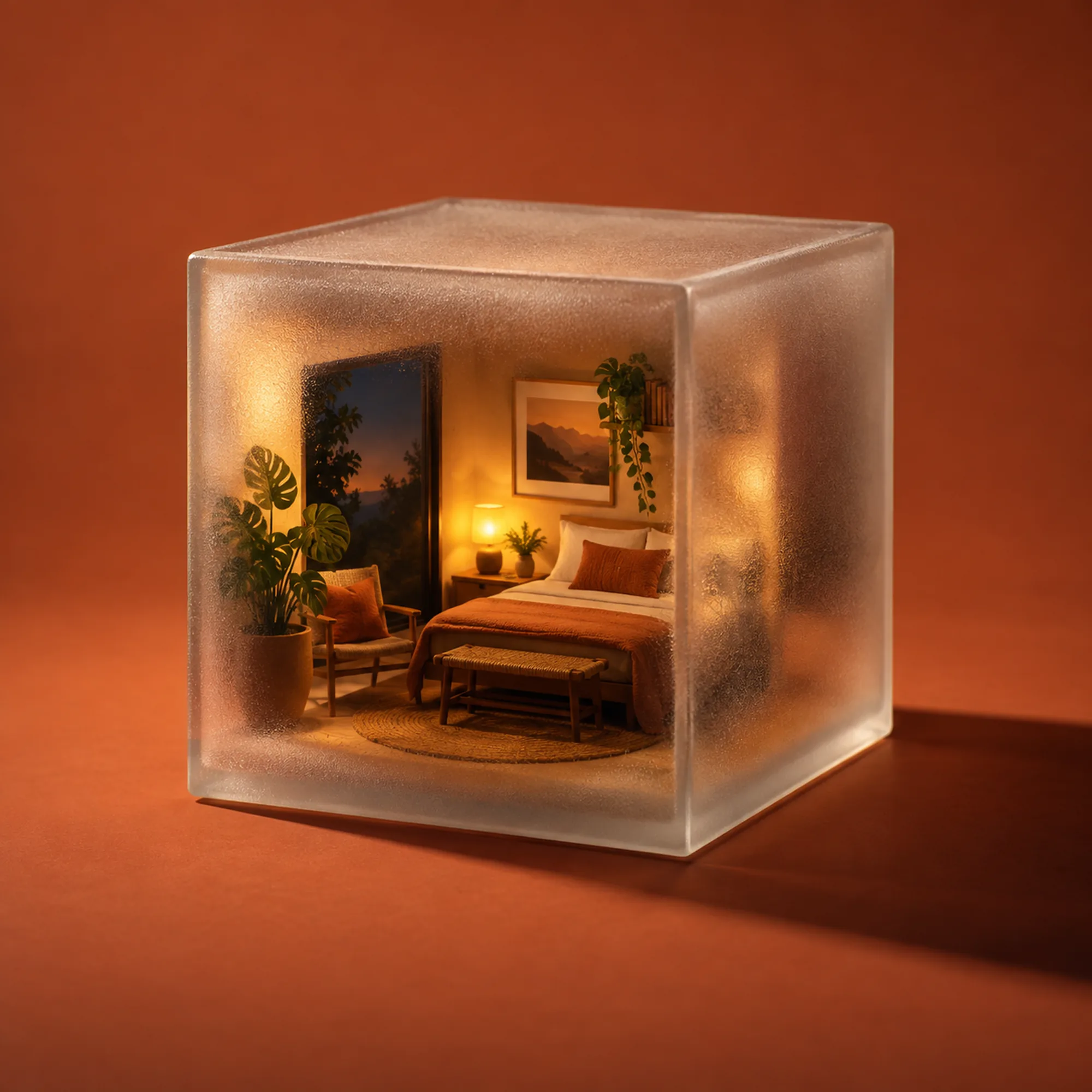 A furnished room inside a frosted-glass cube on a terracotta backdrop