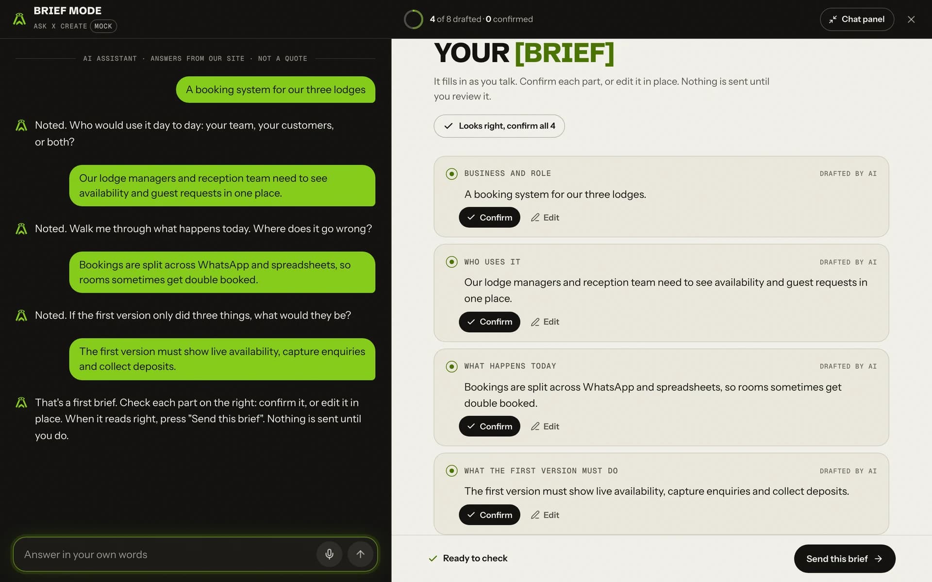 x Create AI assistant in Brief mode, using a mock conversation.