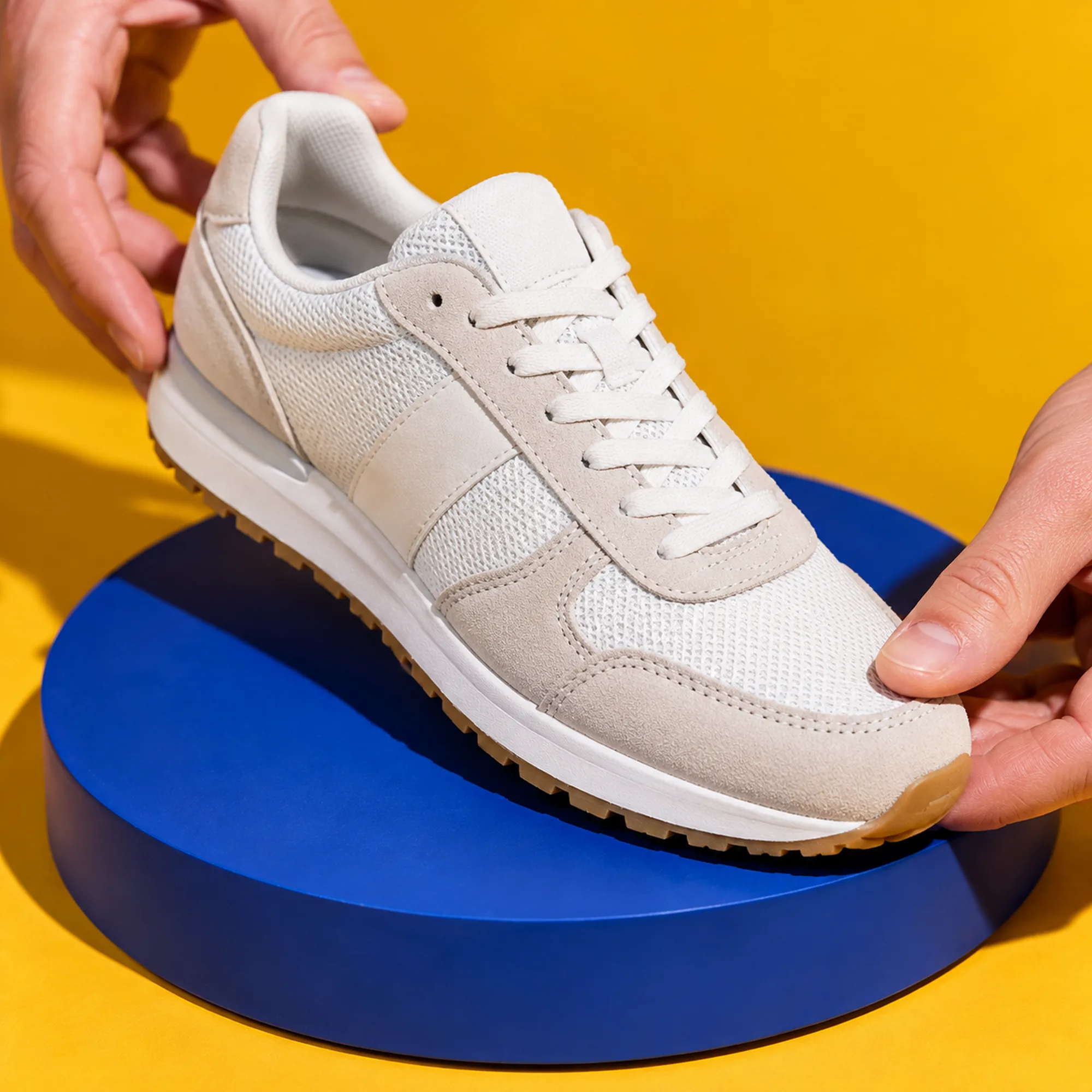 Hands rotating a white sneaker on a blue turntable