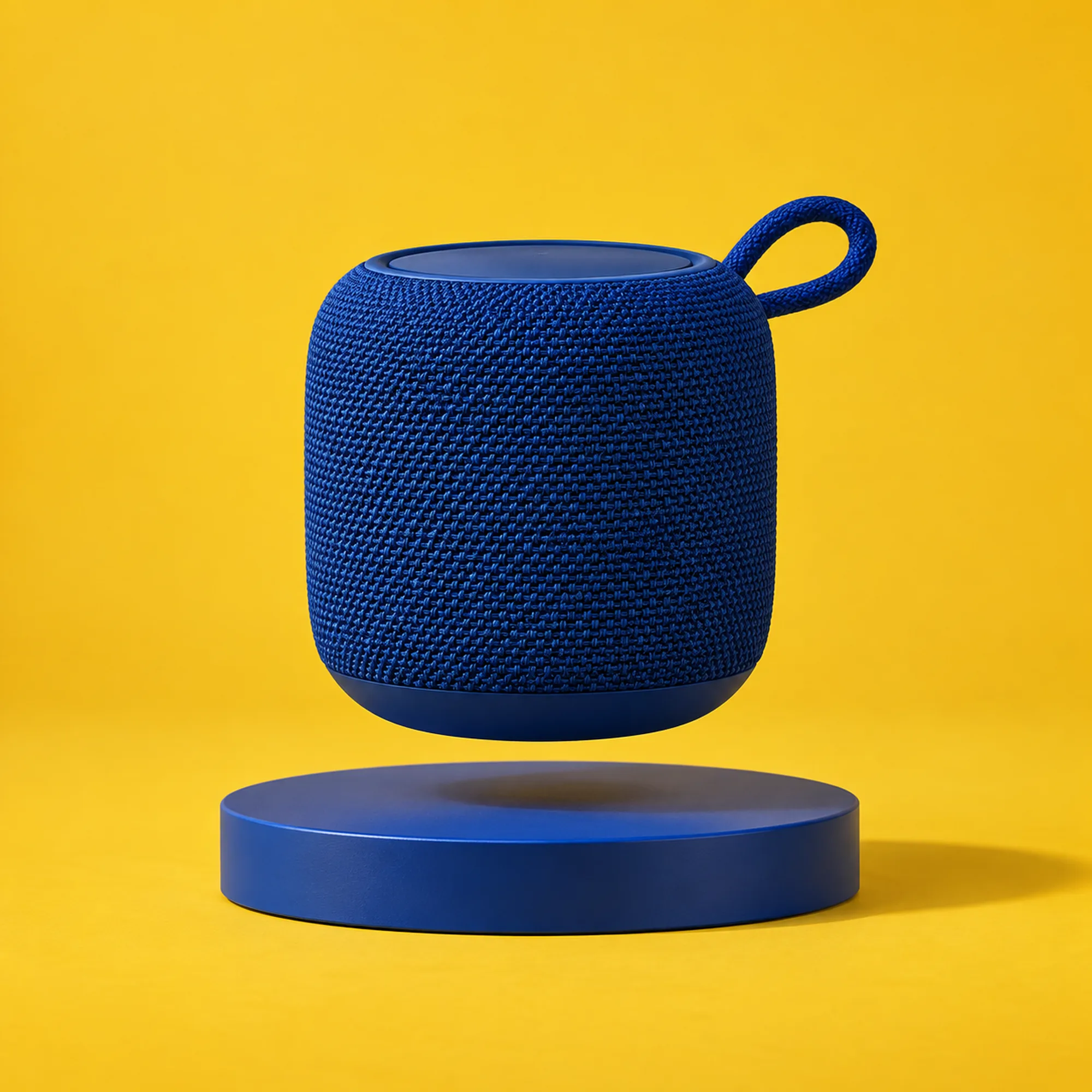 A blue fabric speaker floating above a circular disc on a mustard backdrop