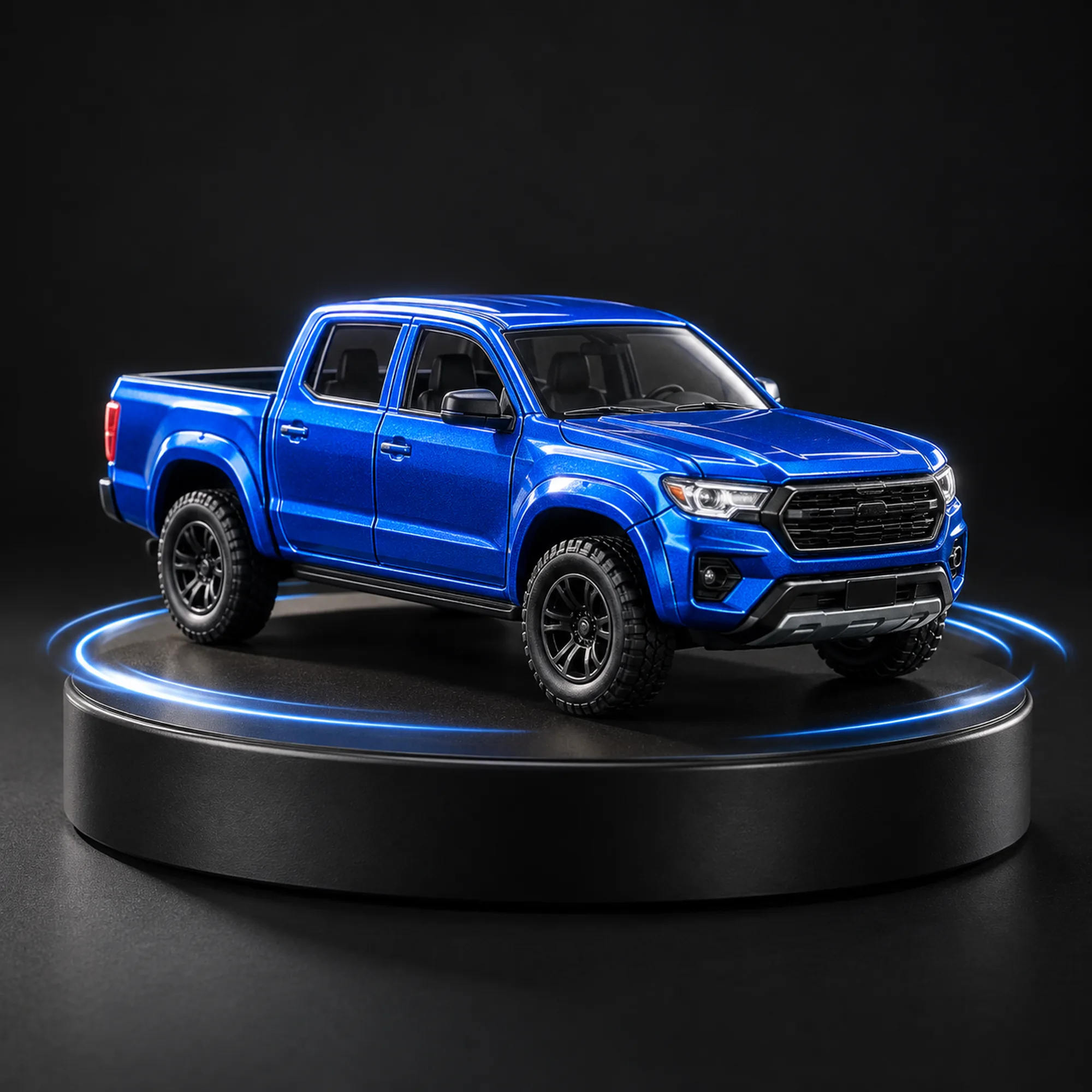 A blue model pickup on a circular turntable against black