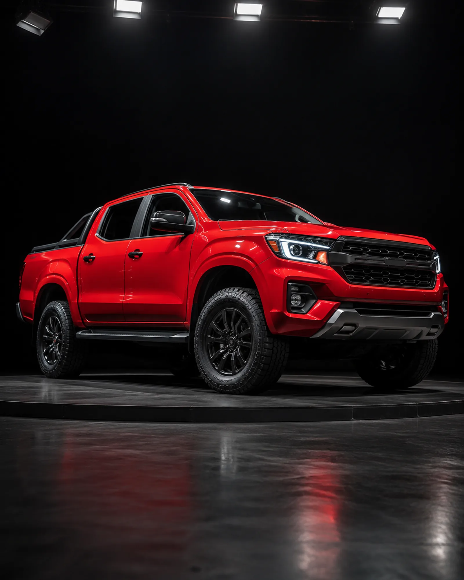 A red pickup on a turntable beneath overhead lights