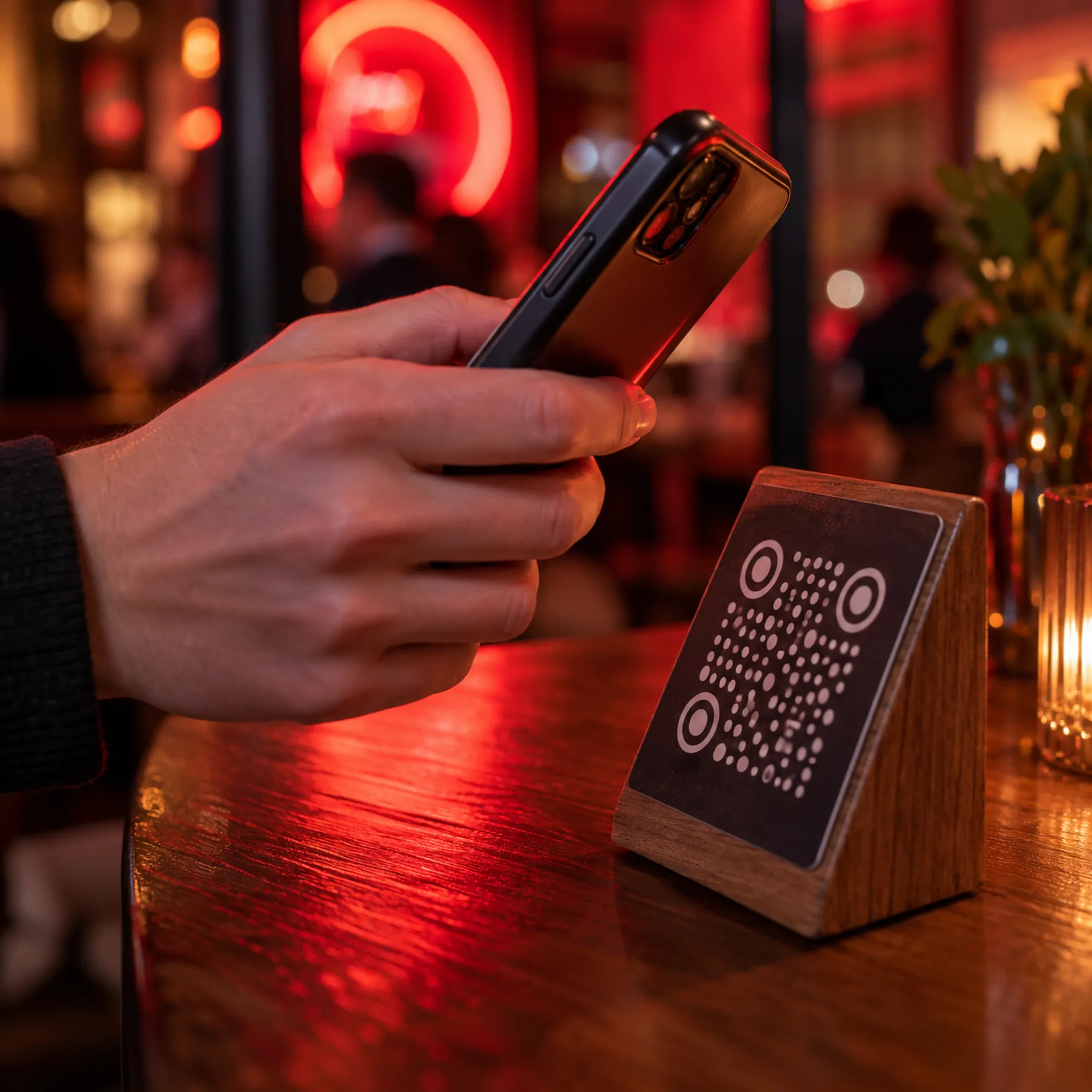 A hand holding a phone near a patterned stand under red light