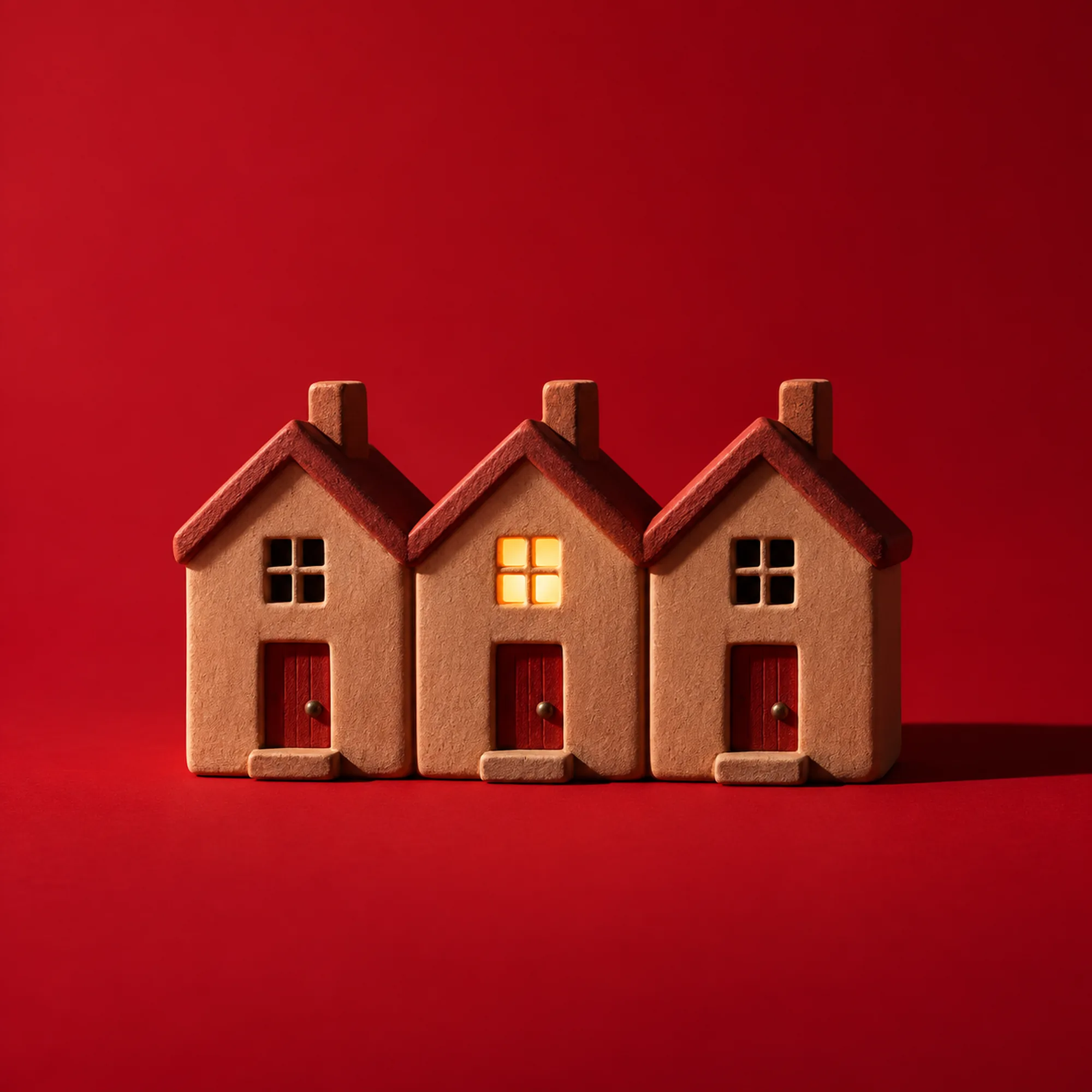 Three clay houses on a red backdrop with one window lit
