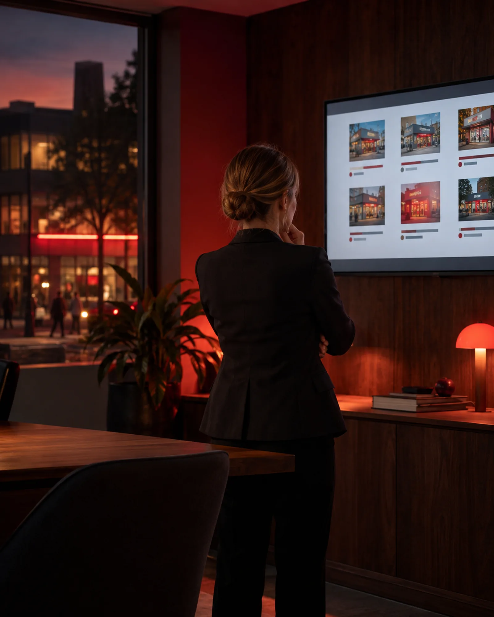 A manager viewing branch cards on a wall screen in a dim office