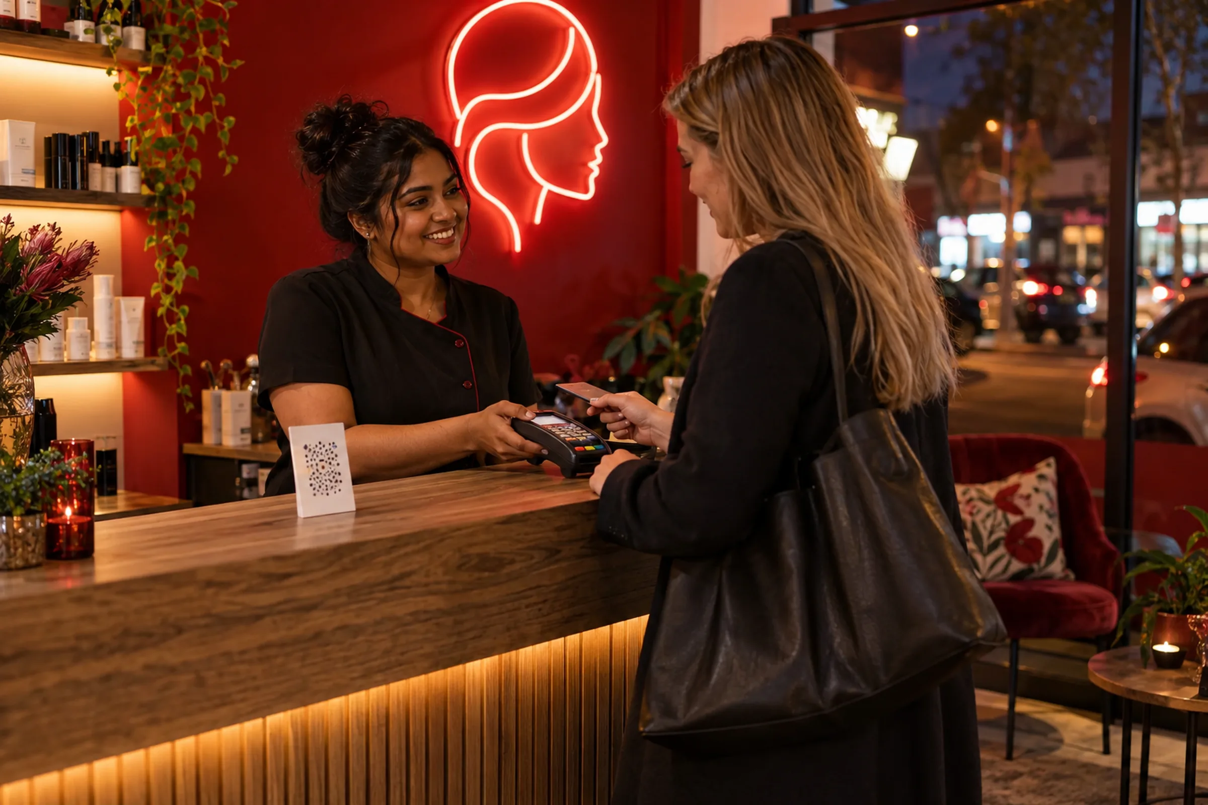 A client and receptionist at a salon counter under red neon light