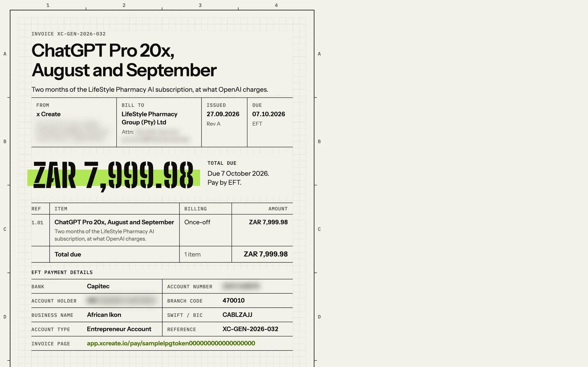 Agency OS invoice-renderer preview using a fictional sample; identifying and bank details obscured.