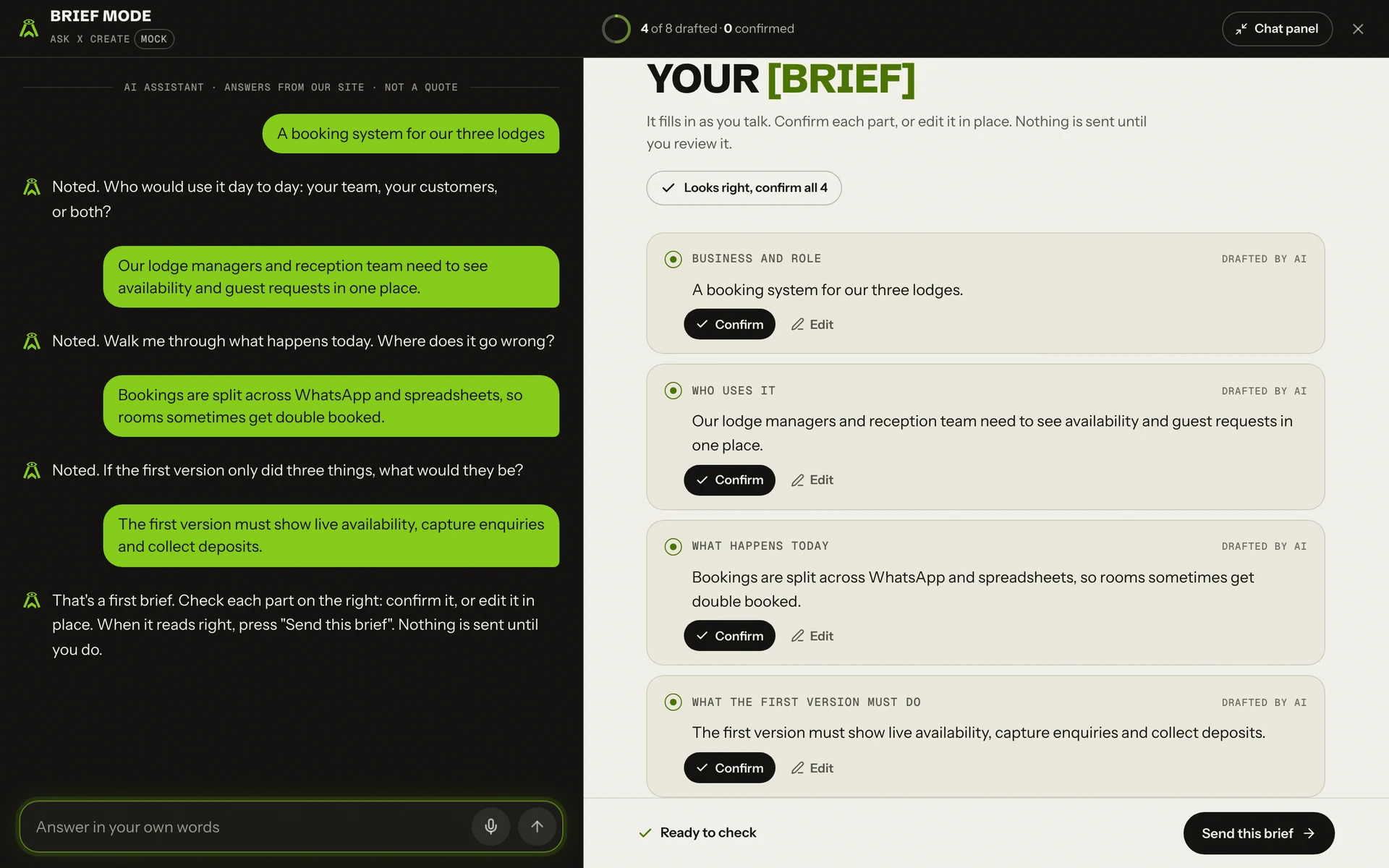 x Create AI assistant in Brief mode, using a mock conversation.