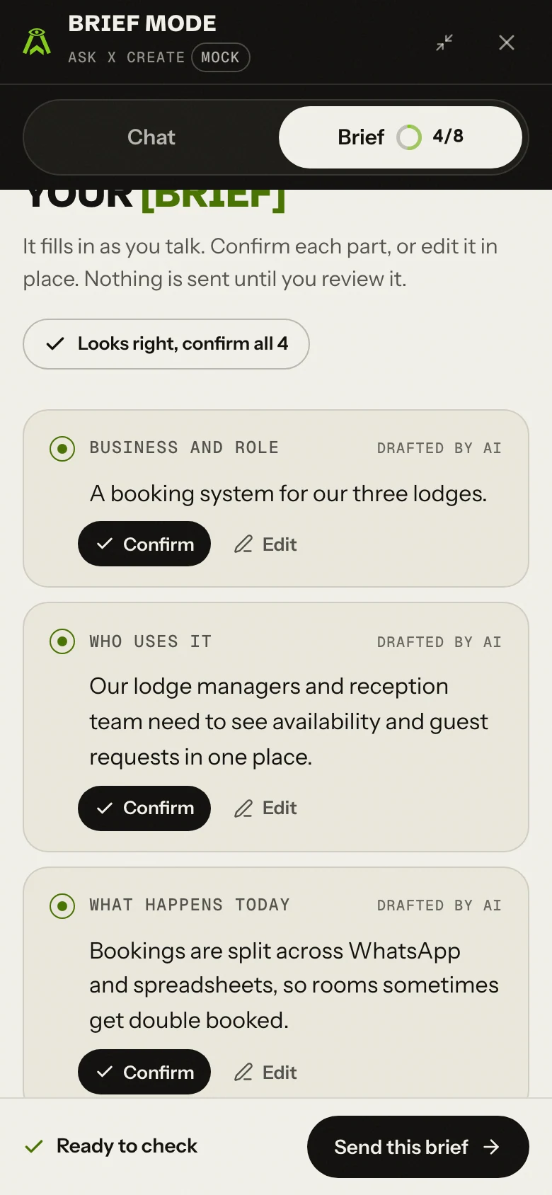 Structured brief fields for review on a phone; mock data.