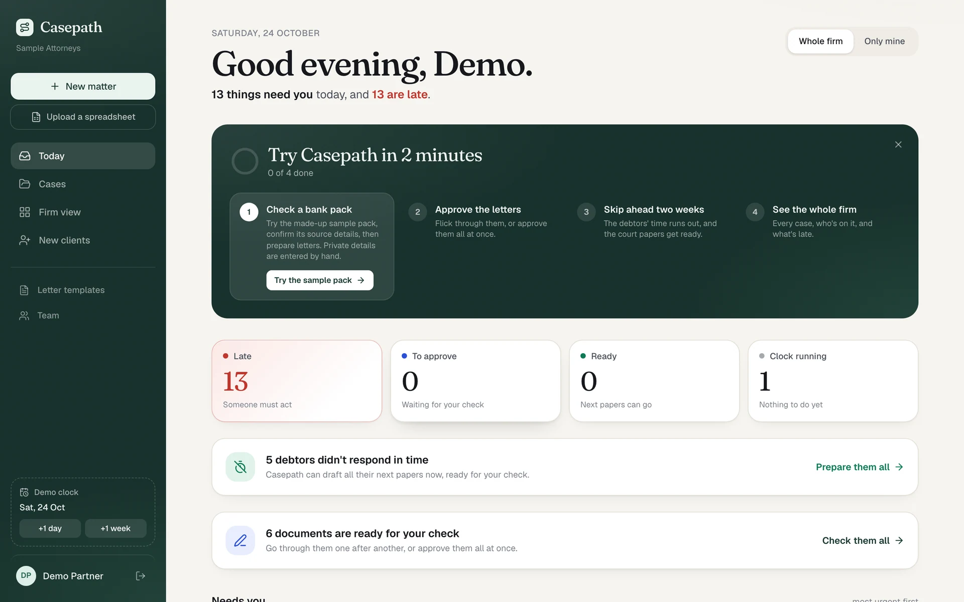 Casepath daily work queue using fictional demo matters.