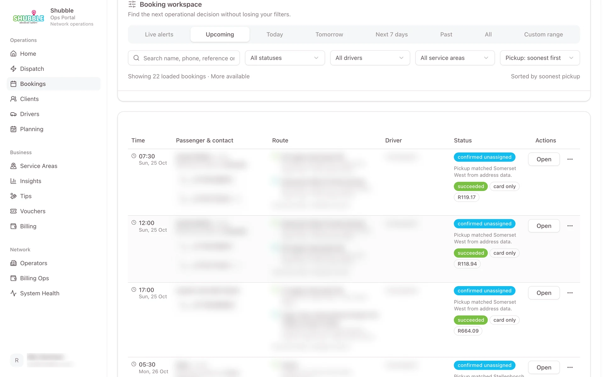 Shubble booking workspace; passenger, contact, route and driver details obscured.