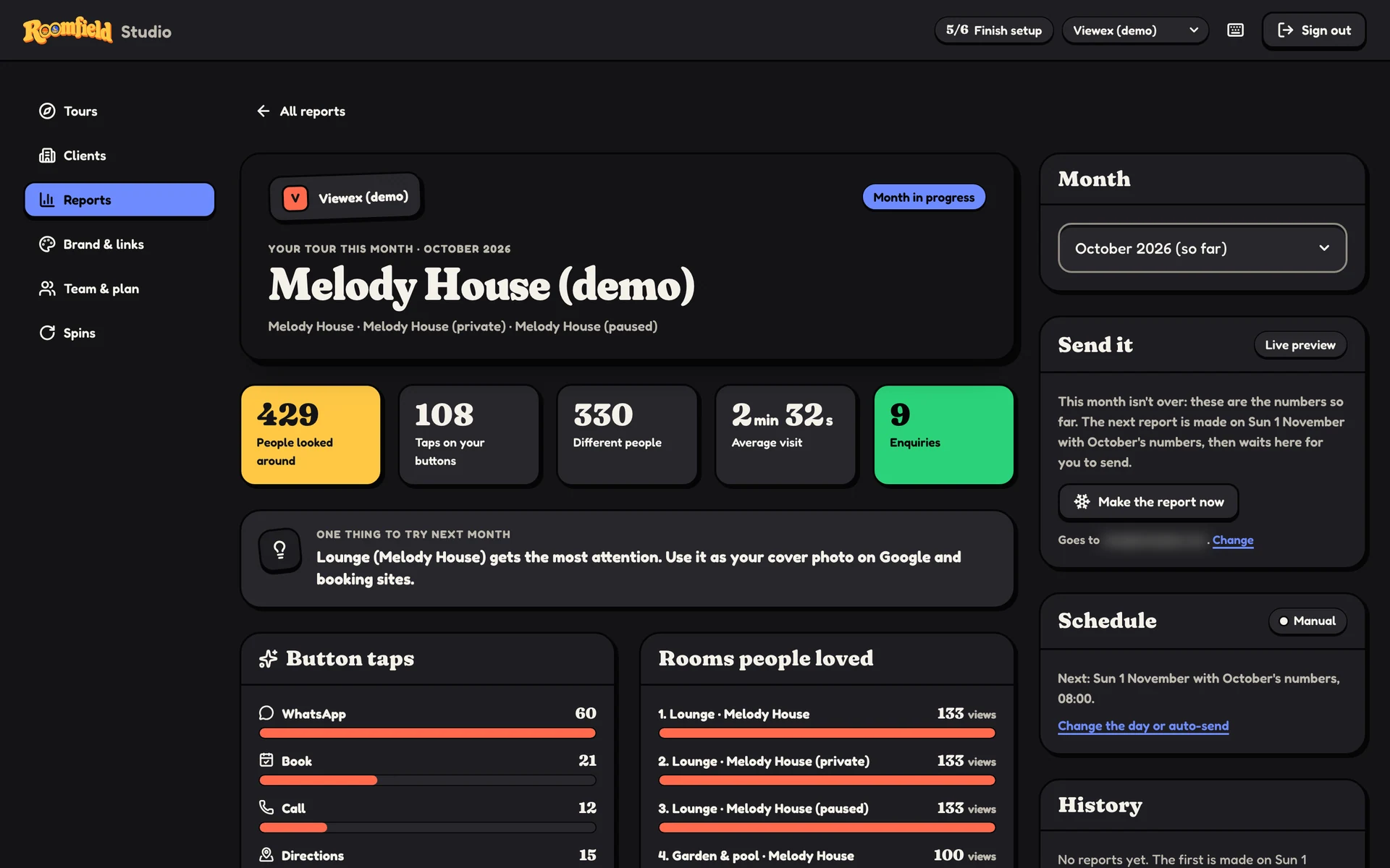 Roomfield client-report preview using Melody House demo metrics.