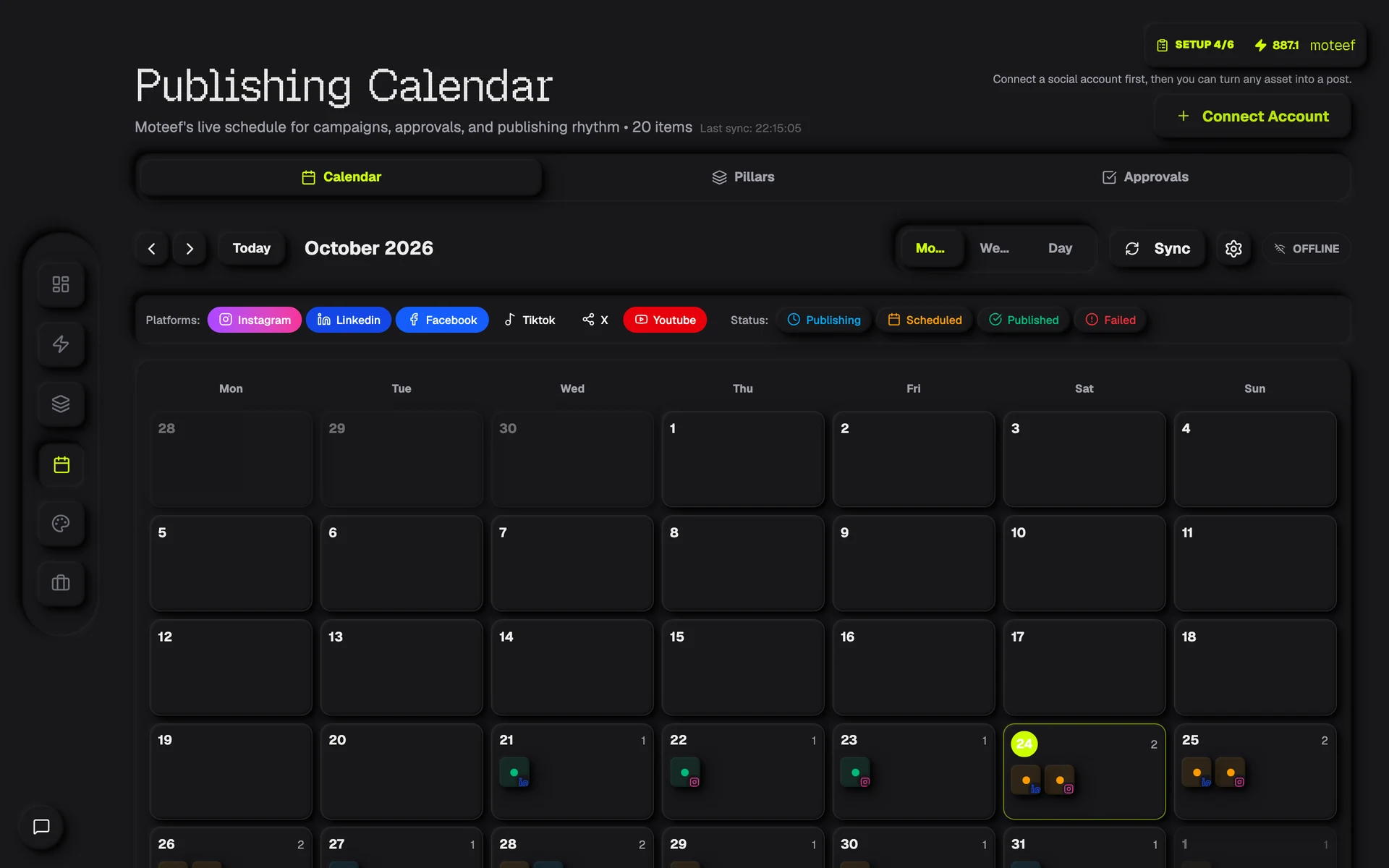 Moteef publishing calendar with a demo schedule.