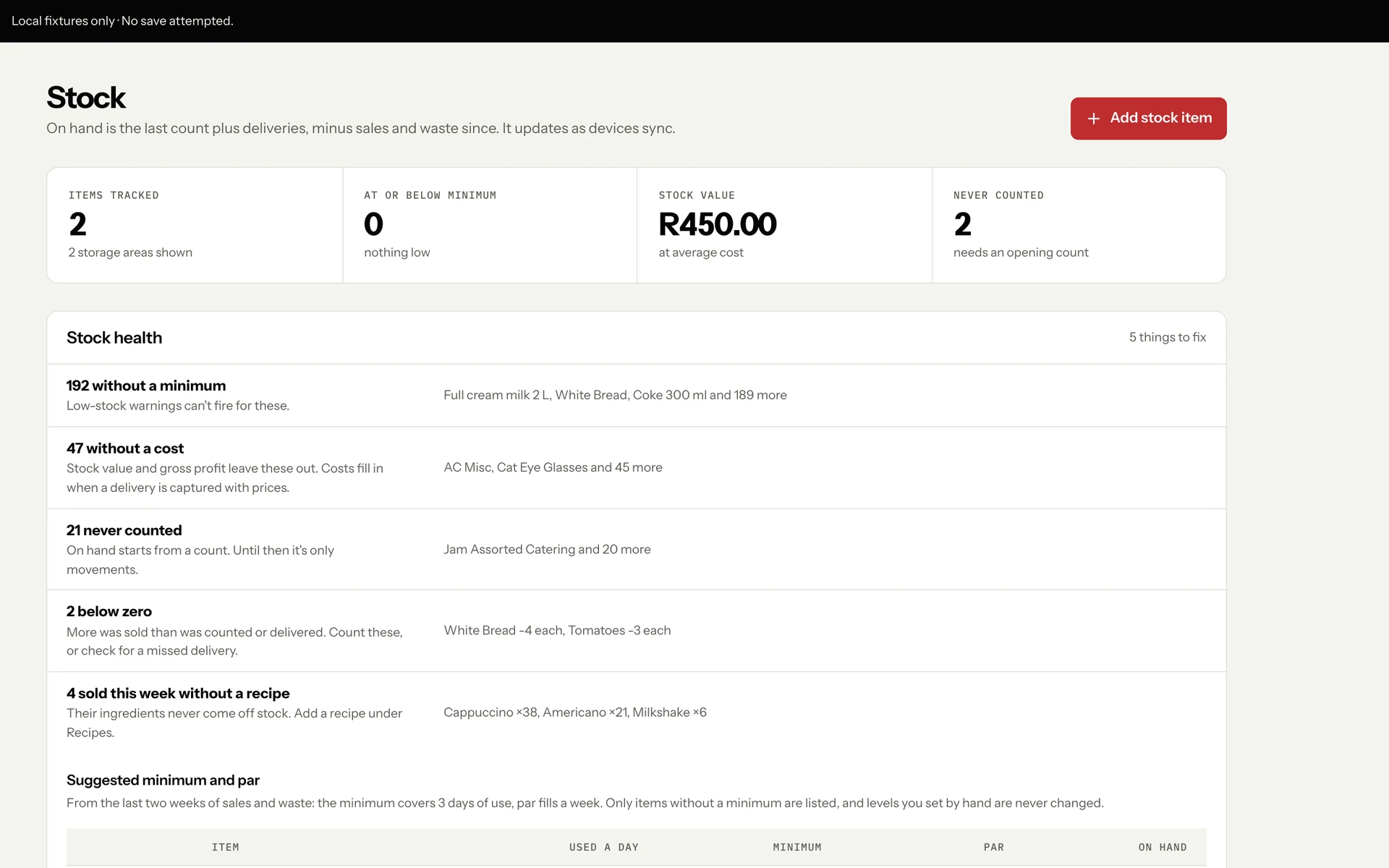 POS stock-health screen using an offline fixture.