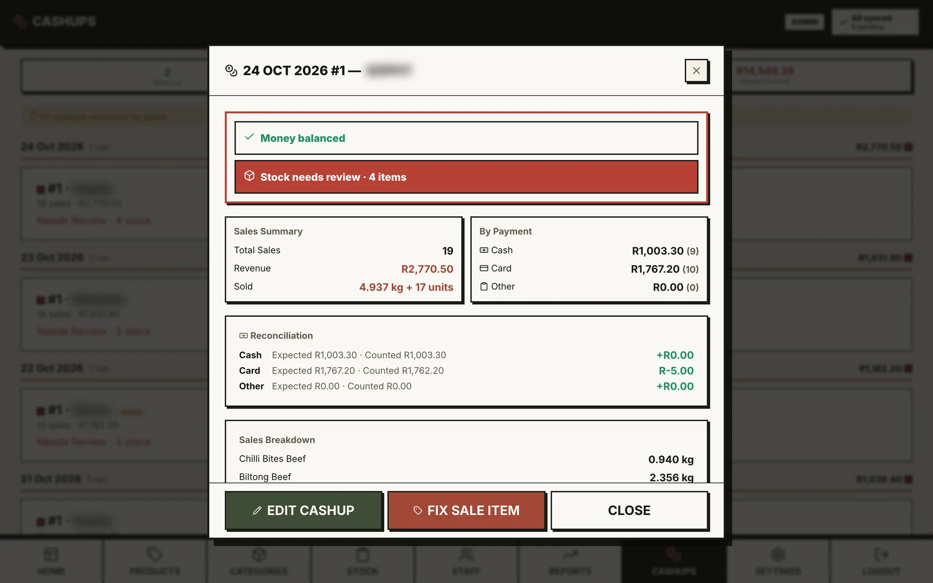 POS cash-up and reconciliation detail; staff names obscured.