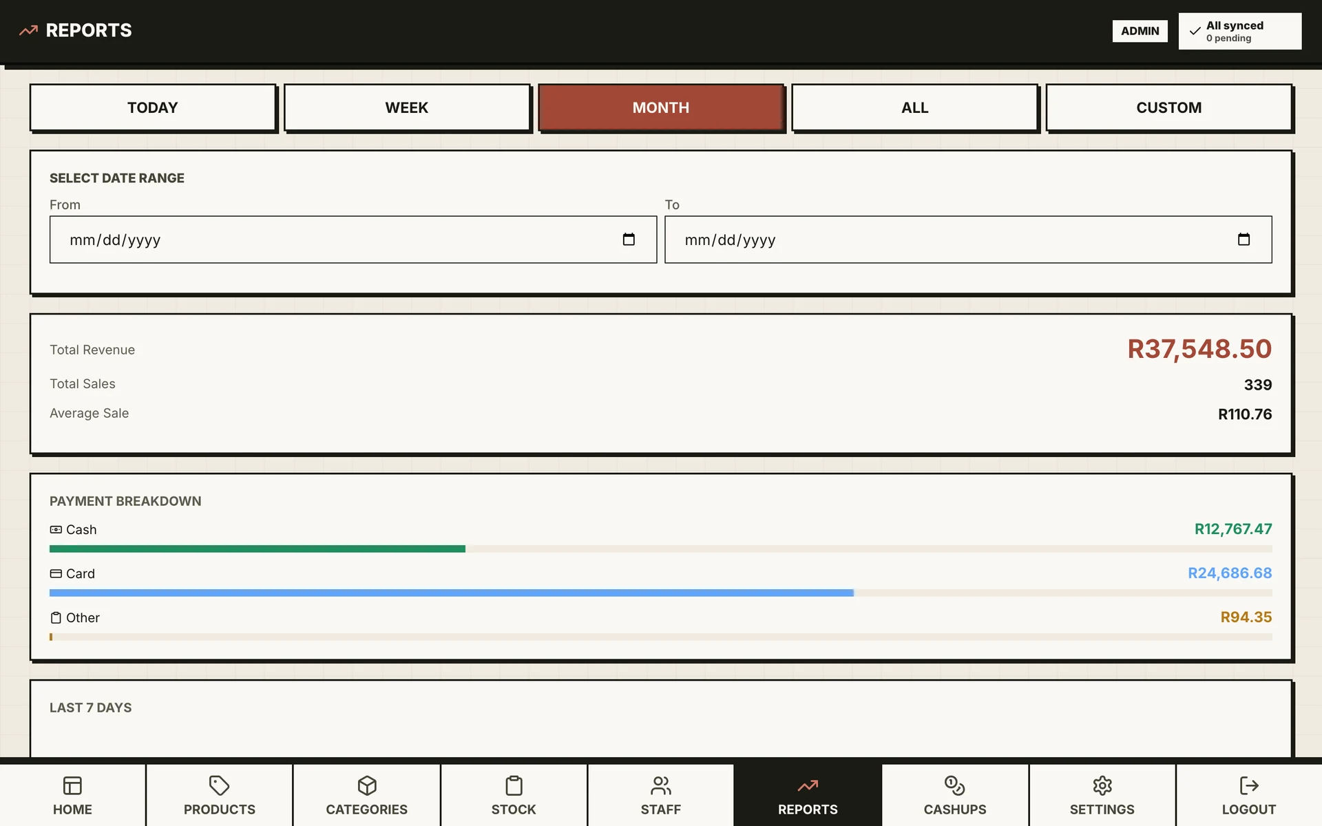 POS monthly sales and payment-method report.