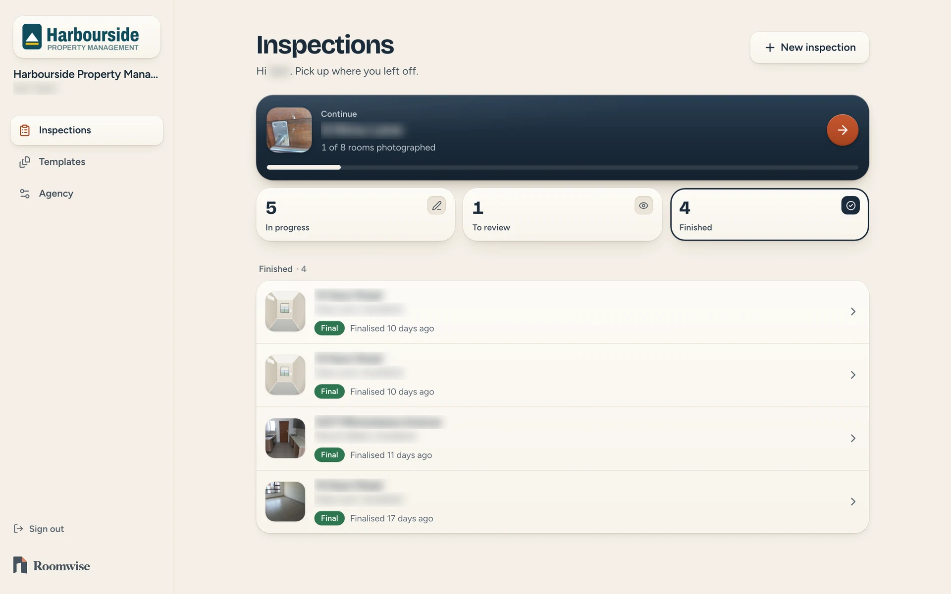 Roomwise completed-inspections dashboard in development; identifying details obscured.